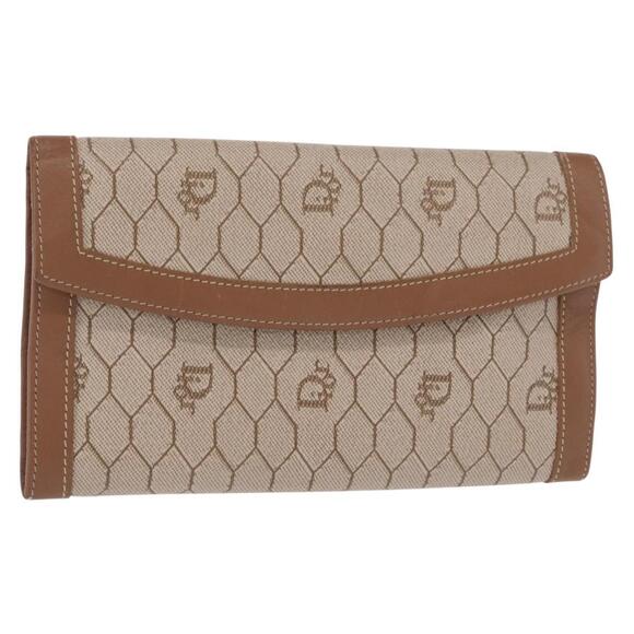 Christian Dior Honeycomb Canvas Long Wallet PVC Beige gold Auth 156709